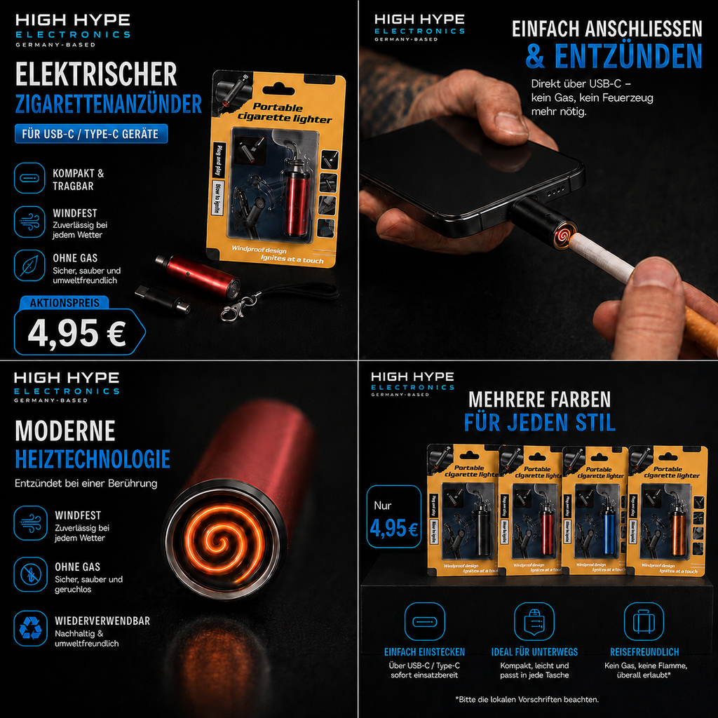Elektrischer USB-C-Zigarettenanzünder – windfest & ohne Gas
