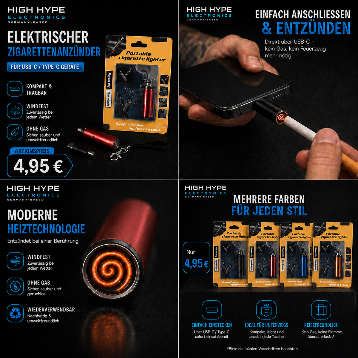 Elektrischer USB-C-Zigarettenanzünder – windfest & ohne Gas
