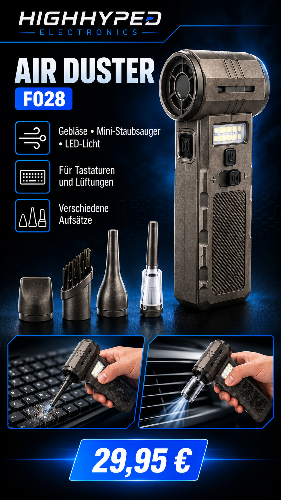 Air Duster F028 – Gebläse, Mini-Staubsauger und LED-Licht